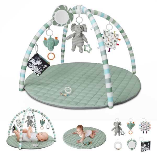Blissful Diary Baby Play Gym – Tummy Time Mat with 6 Detachable Toys, Sage Green
