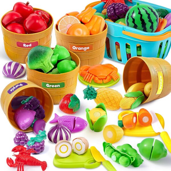 JOYIN Play Food Set – Learning & Cutting Toys for Toddlers, Preschool & Pretend Kitchen Accessories, Color Sorting Educational Toy for Kids